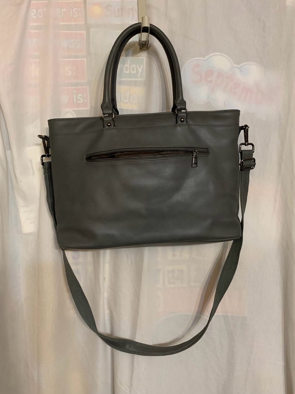 Classic Grey Leather Satchel with Detachable Strap